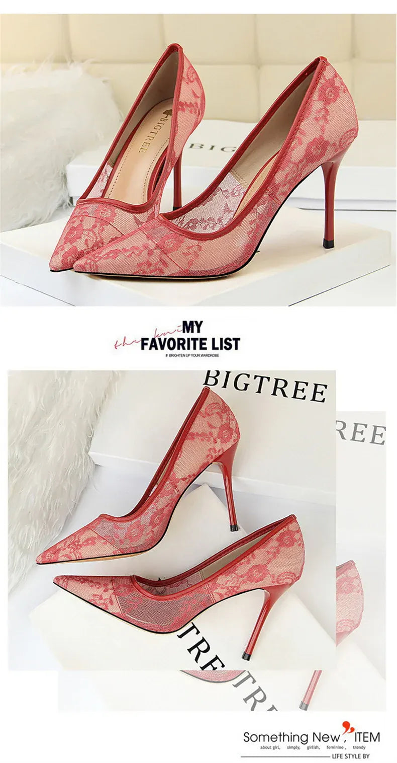 KissICON 2024 Black Flower Lace Mesh Pumps Women Pointed