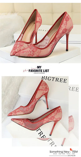 KissICON 2024 Black Flower Lace Mesh Pumps Women Pointed