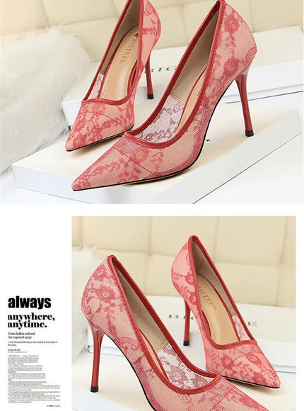KissICON 2024 Black Flower Lace Mesh Pumps Women Pointed