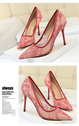 KissICON 2024 Black Flower Lace Mesh Pumps Women Pointed