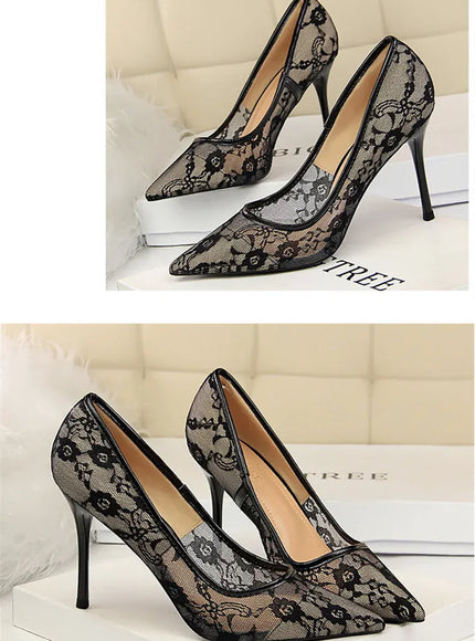 KissICON 2024 Black Flower Lace Mesh Pumps Women Pointed