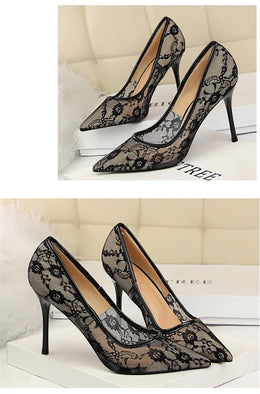 KissICON 2024 Black Flower Lace Mesh Pumps Women Pointed