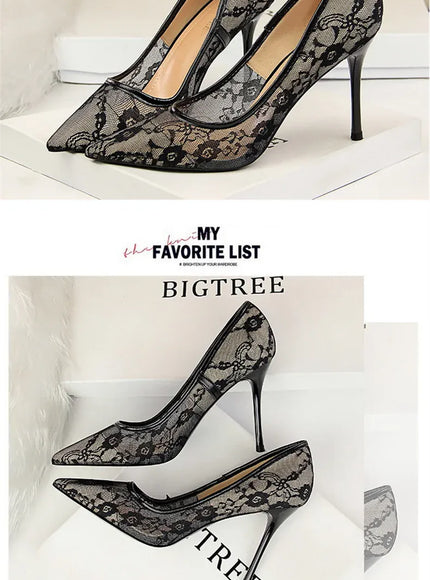 KissICON 2024 Black Flower Lace Mesh Pumps Women Pointed