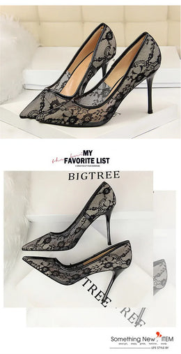 KissICON 2024 Black Flower Lace Mesh Pumps Women Pointed