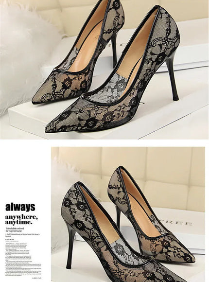 KissICON 2024 Black Flower Lace Mesh Pumps Women Pointed