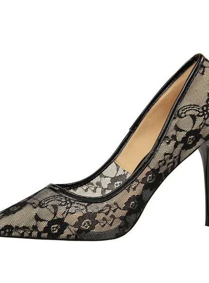 KissICON 2024 Black Flower Lace Mesh Pumps Women Pointed