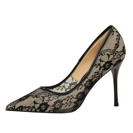 KissICON 2024 Black Flower Lace Mesh Pumps Women Pointed