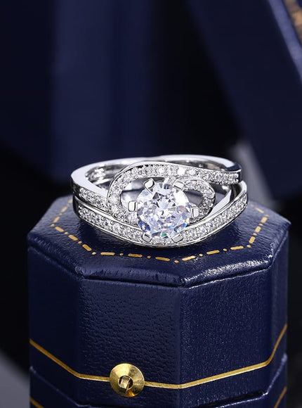 KissICON 2024 Hot Sale Hot Sale 2pcs Ring Set Geometric Zircon Double Layer Women's Ring Engagement Bridal Jewelry Couple 925 Ring