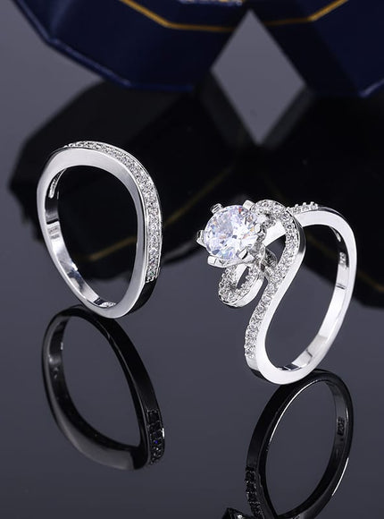 KissICON 2024 Hot Sale Hot Sale 2pcs Ring Set Geometric Zircon Double Layer Women's Ring Engagement Bridal Jewelry Couple 925 Ring