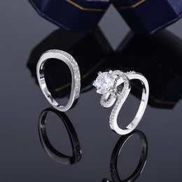 KissICON 2024 Hot Sale Hot Sale 2pcs Ring Set Geometric Zircon Double Layer Women's Ring Engagement Bridal Jewelry Couple 925 Ring