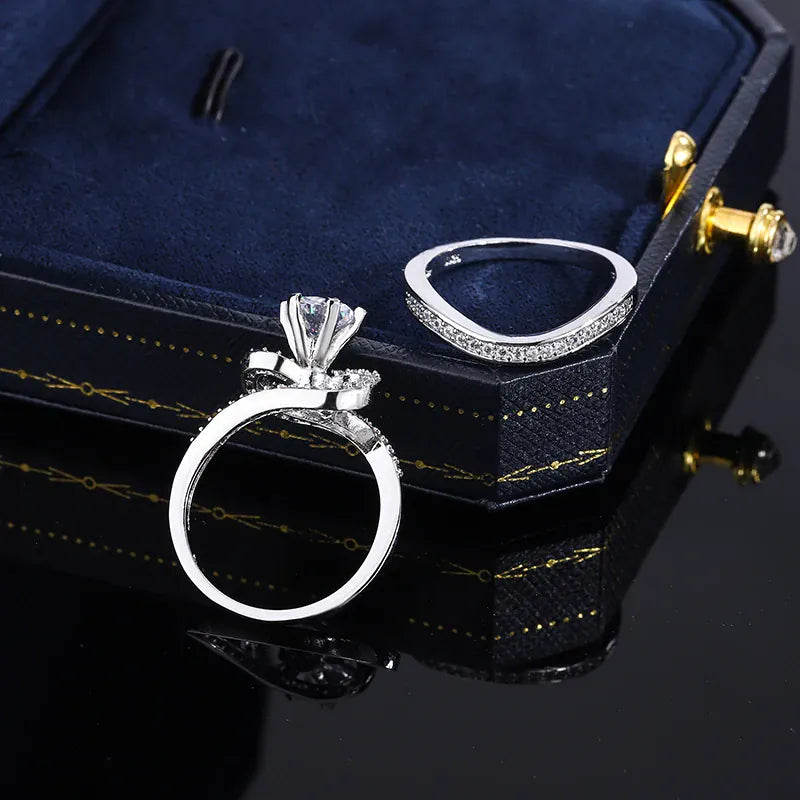 KissICON 2024 Hot Sale Hot Sale 2pcs Ring Set Geometric Zircon Double Layer Women's Ring Engagement Bridal Jewelry Couple 925 Ring