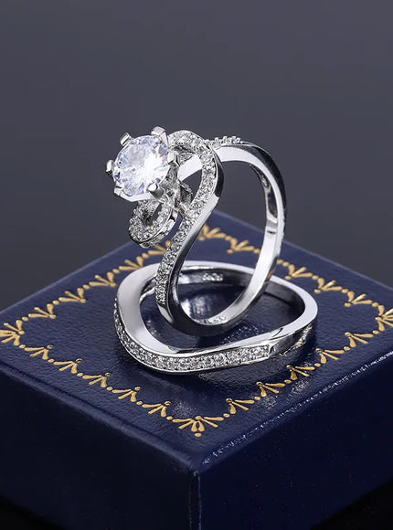KissICON 2024 Hot Sale Hot Sale 2pcs Ring Set Geometric Zircon Double Layer Women's Ring Engagement Bridal Jewelry Couple 925 Ring