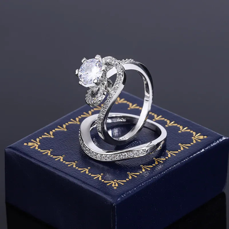 KissICON 2024 Hot Sale Hot Sale 2pcs Ring Set Geometric Zircon Double Layer Women's Ring Engagement Bridal Jewelry Couple 925 Ring