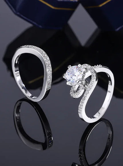 KissICON 2024 Hot Sale Hot Sale 2pcs Ring Set Geometric Zircon Double Layer Women's Ring Engagement Bridal Jewelry Couple 925 Ring