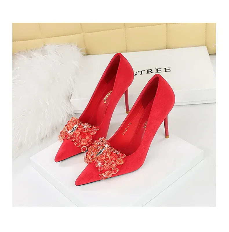 KissICON 2024 New Fashion Pointed Toe Suede Rhinestone Women