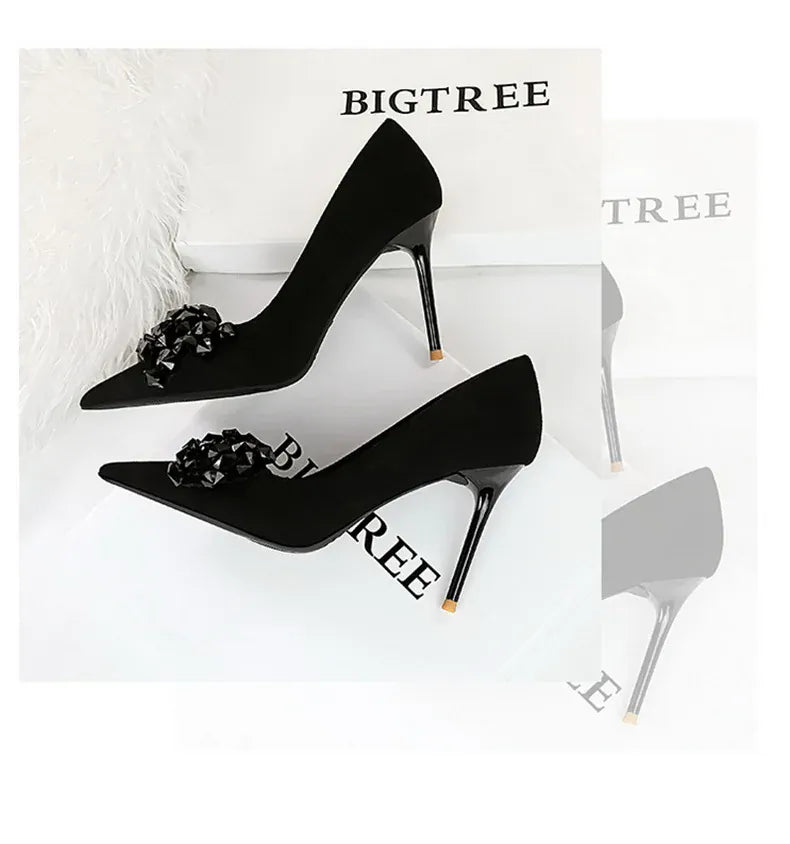 KissICON 2024 New Fashion Pointed Toe Suede Rhinestone Women