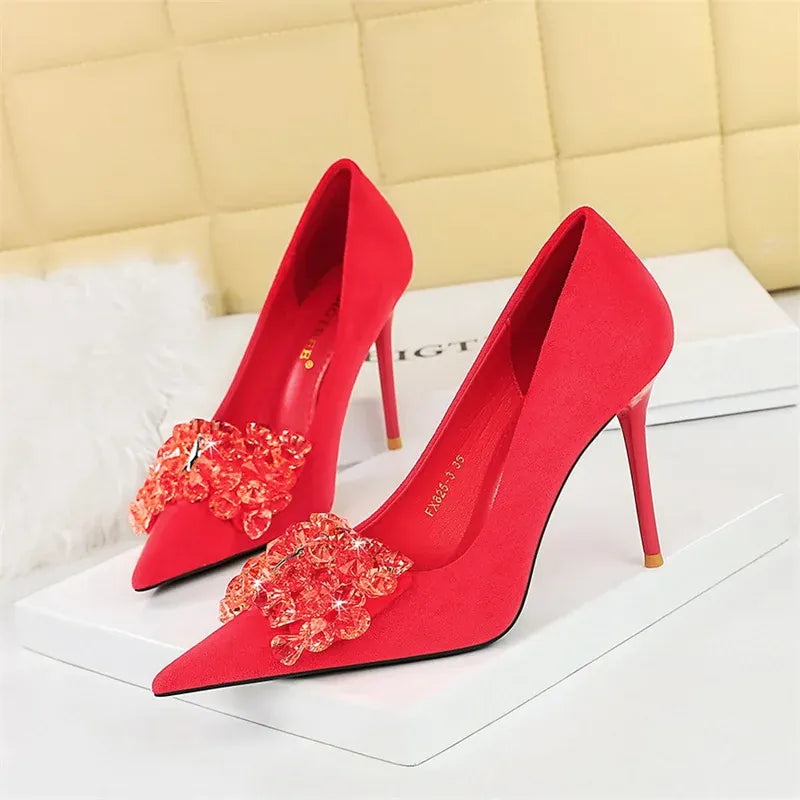 KissICON 2024 New Fashion Pointed Toe Suede Rhinestone Women
