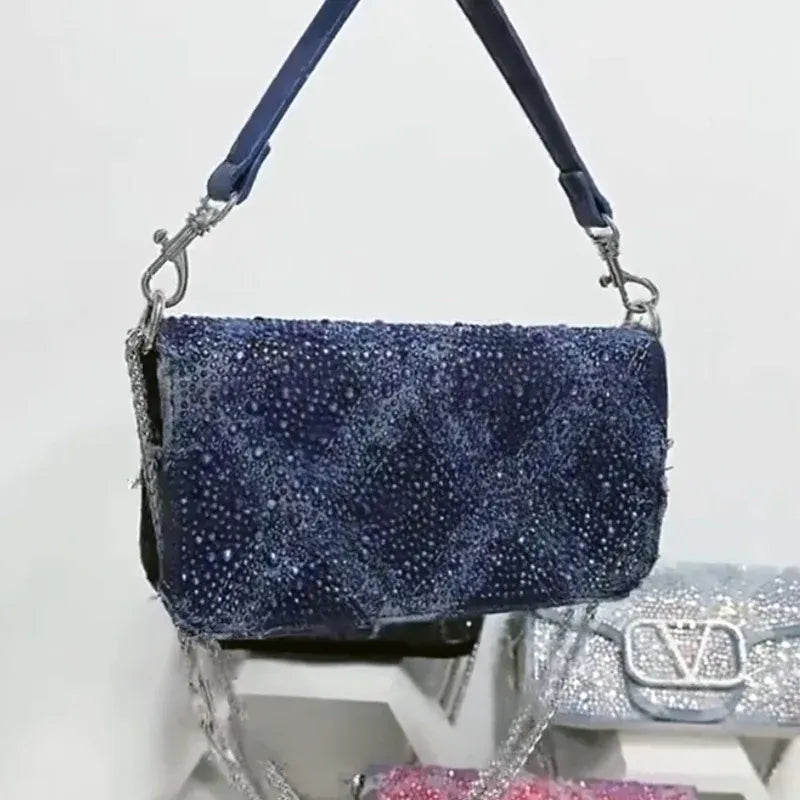 Dropshipman 2025 Elegant And Fashionable Underarm Bag Women Shoulder Bag Denim Diamond Handbag Chain Crossbody Bag Suitable For Daily Use