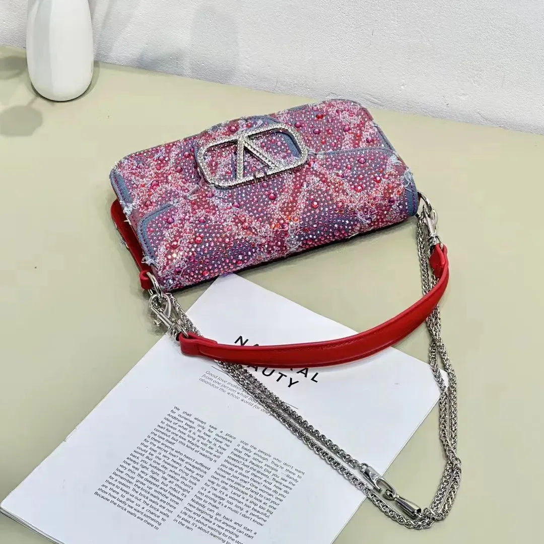 Dropshipman 2025 Elegant And Fashionable Underarm Bag Women Shoulder Bag Denim Diamond Handbag Chain Crossbody Bag Suitable For Daily Use