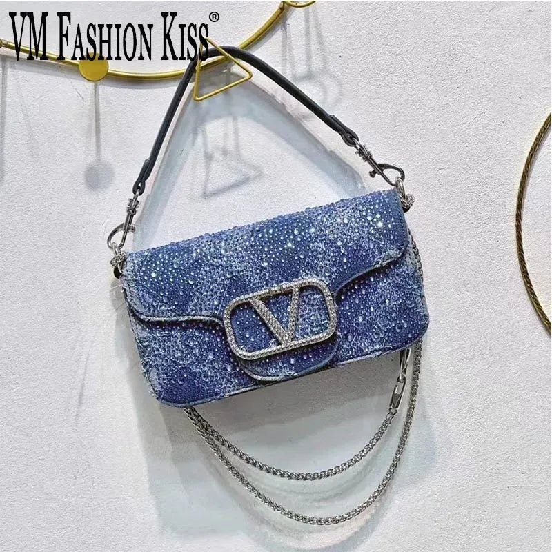 Dropshipman 2025 Elegant And Fashionable Underarm Bag Women Shoulder Bag Denim Diamond Handbag Chain Crossbody Bag Suitable For Daily Use