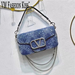 Dropshipman 2025 Elegant And Fashionable Underarm Bag Women Shoulder Bag Denim Diamond Handbag Chain Crossbody Bag Suitable For Daily Use