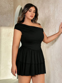 jkthpu-45 2025 Plus Size Off-Shoulder Ruched Mini Dress – Black Fitted with Ruffled Skirt, Casual Style for Spring & Summer