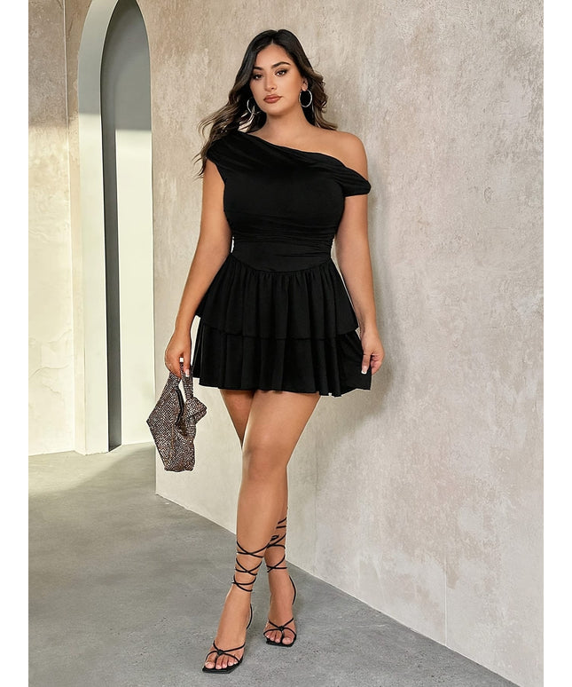 jkthpu-45 2025 Plus Size Off-Shoulder Ruched Mini Dress – Black Fitted with Ruffled Skirt, Casual Style for Spring & Summer