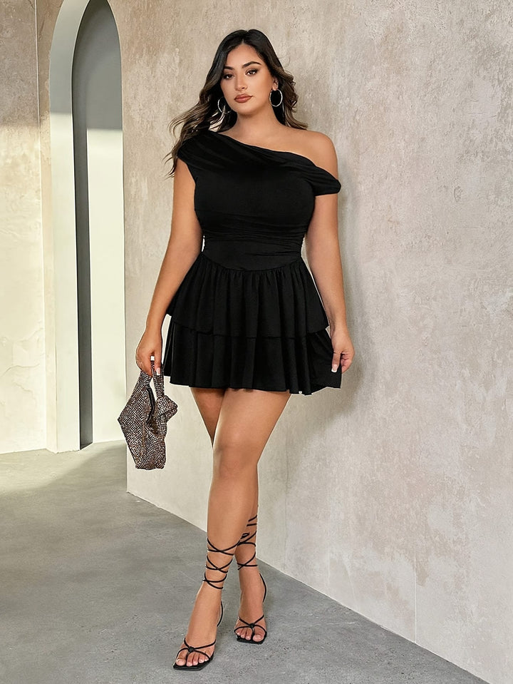 2025 Plus Size Off-Shoulder Ruched Mini Dress – Black Fitted with Ruffled Skirt, Casual Style for Spring & Summer