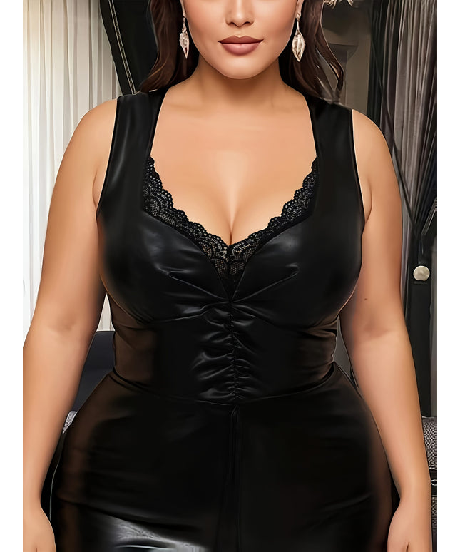 jkthpu-45 2025 Plus Size Women'S Fashionable Spring/Summer Dress - Elegant Black Lace Detail, Deep V-Neck, Slight Stretch Fabric, Sleeveless with Ruched Waistline, Perfect for Weddings and Formal Events, Formal Attire | Elegant Sleeveless Dress | Ruched Waistline D