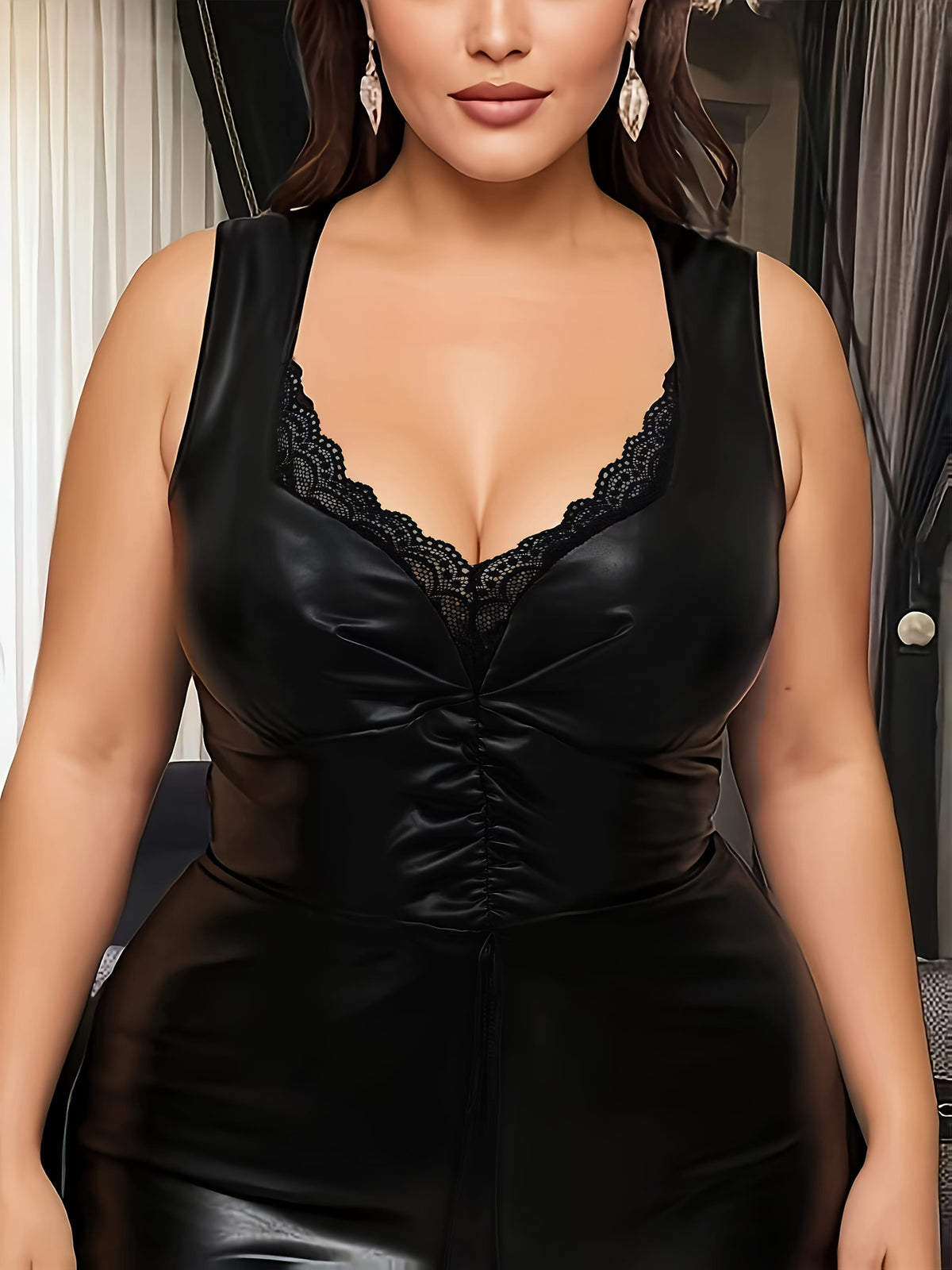 jkthpu-45 2025 Plus Size Women'S Fashionable Spring/Summer Dress - Elegant Black Lace Detail, Deep V-Neck, Slight Stretch Fabric, Sleeveless with Ruched Waistline, Perfect for Weddings and Formal Events, Formal Attire | Elegant Sleeveless Dress | Ruched Waistline D