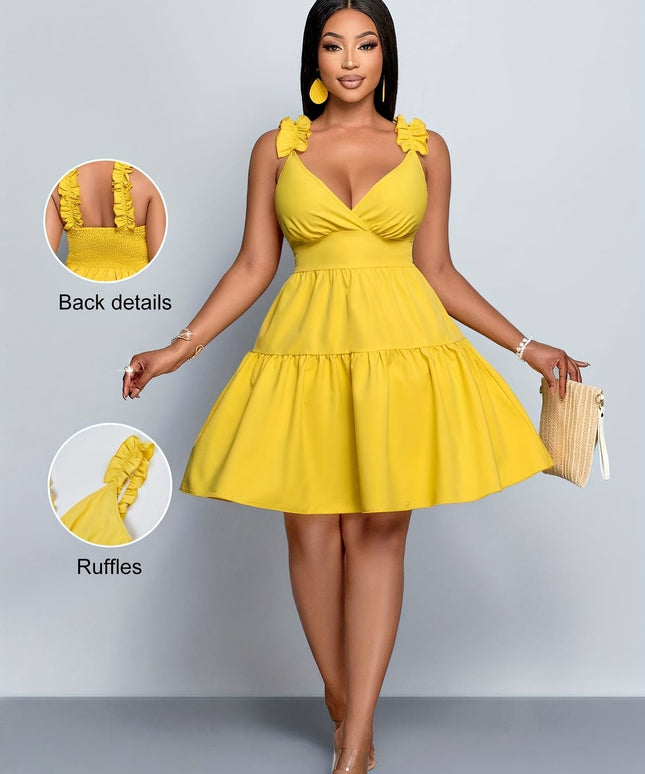 jkthpu-45 2025 Plus Size Women'S V-Neck Casual Dress with Ruffle Trim - Yellow Solid Color, Non-Stretch Fabric, Flared Skirt, Perfect for Spring/Summer Vacation, Vacation Dress