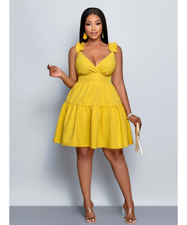 jkthpu-45 2025 Plus Size Women'S V-Neck Casual Dress with Ruffle Trim - Yellow Solid Color, Non-Stretch Fabric, Flared Skirt, Perfect for Spring/Summer Vacation, Vacation Dress