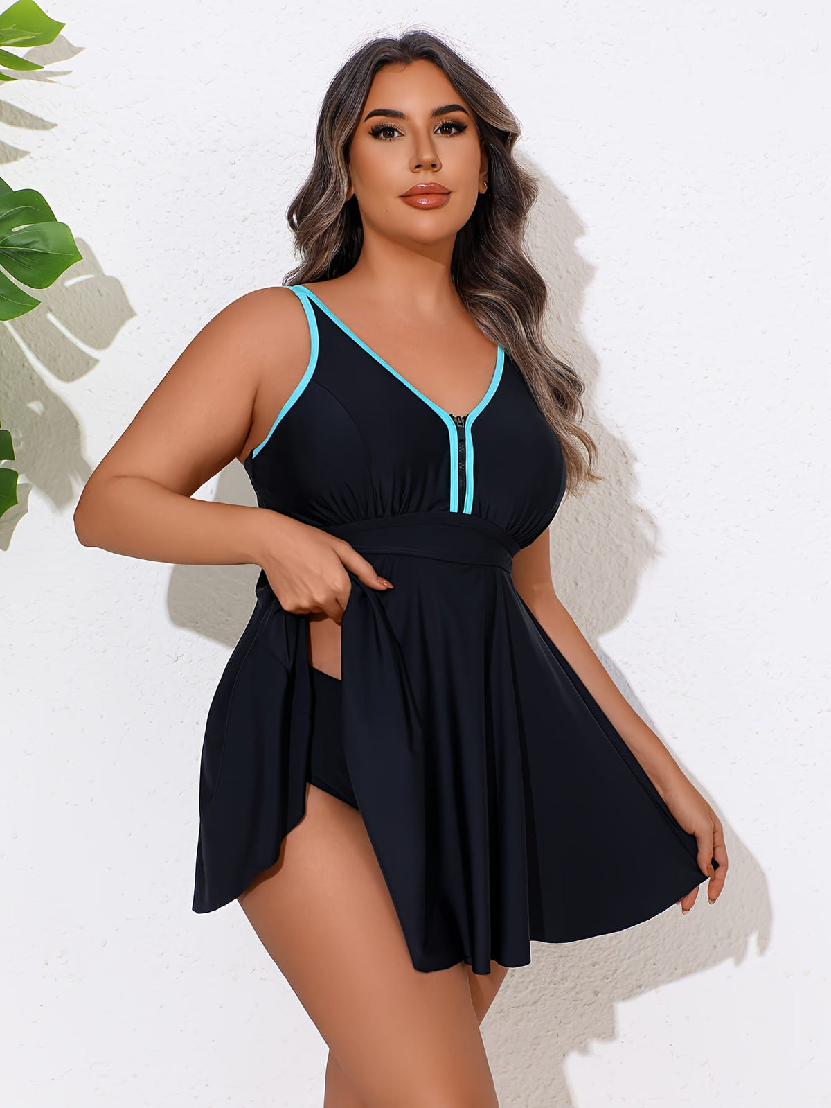 KissICON 2025ss Trend Color Block Curve Zippered Tankini