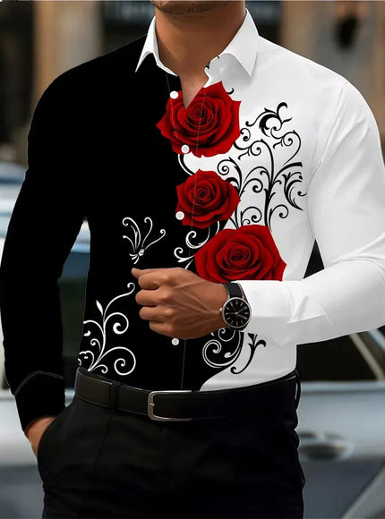 KissICON 2026 Mens Red Rose Print LongSleeve Casual Shirt