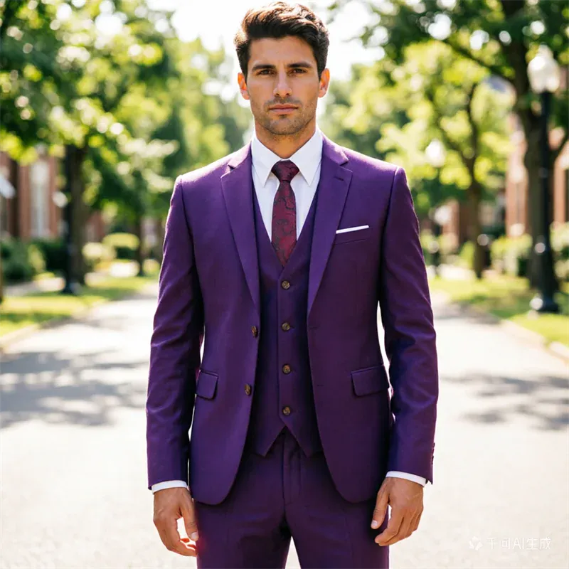 KissICON 2026 Purple Slim Fit ThreePiece Mens Suit Set