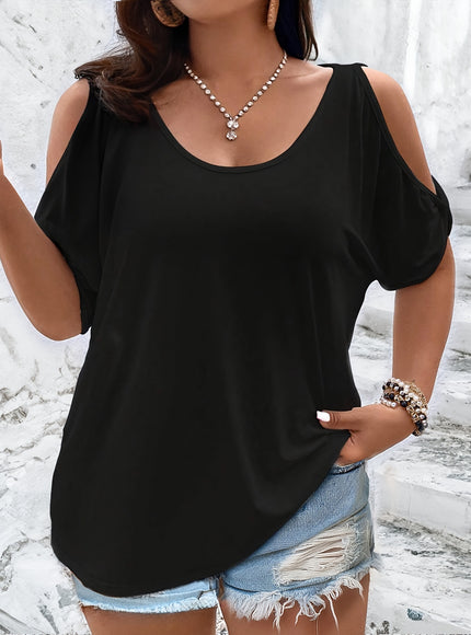 Plus Size Solid Cold Shoulder Women's Casual Crew Neck Short Sleeve T-Shirt