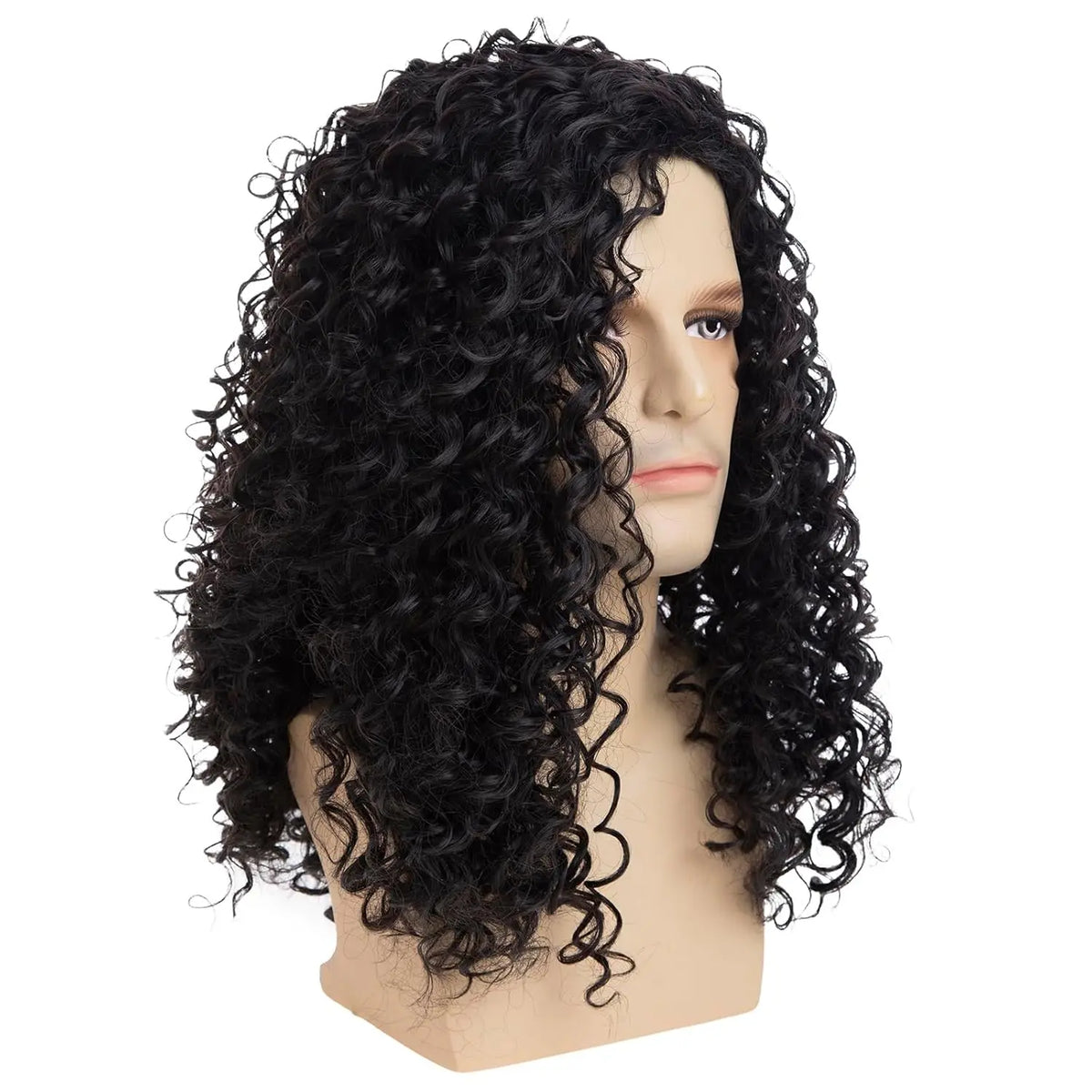 KissICON 20inches Men's Long Curly Black Wig Halloween Costume Party Synthetic Wig
