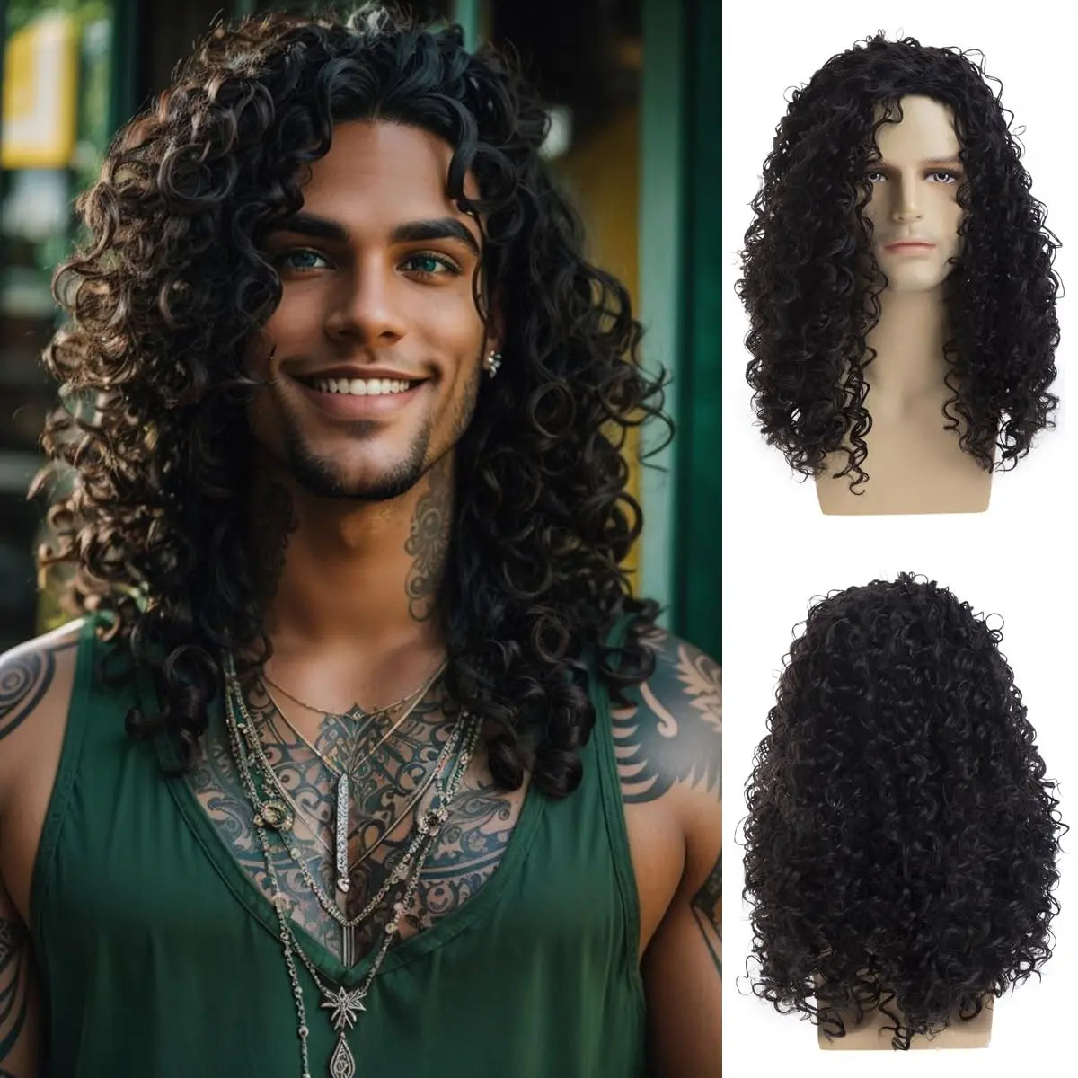 KissICON 20inches Men's Long Curly Black Wig Halloween Costume Party Synthetic Wig