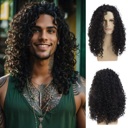 KissICON 20inches Men's Long Curly Black Wig Halloween Costume Party Synthetic Wig