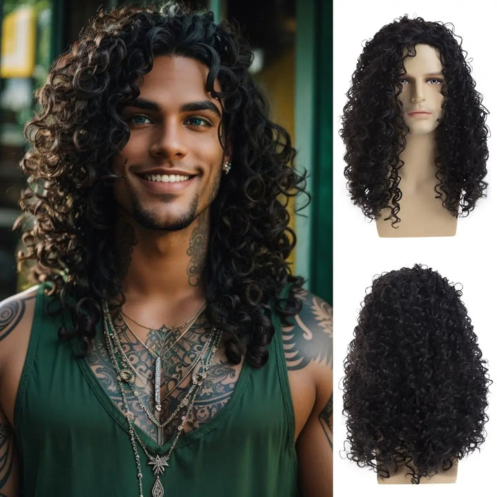 Men's Long Curly Black Wig Halloween Costume Party Synthetic Wig