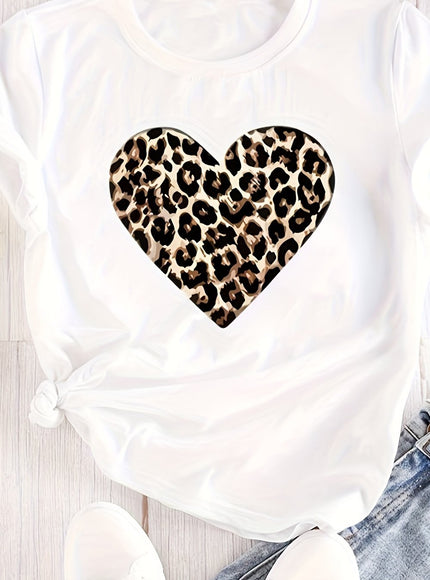 Plus Size Leopard Heart Print T-shirt - Vibrant Short Sleeve Crew Neck Casual Top for Summer & Spring - Soft, Breathable, Relaxed Fit Women's Plus Size Clothing for Everyday Wear