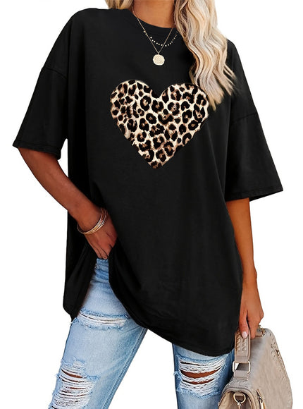 Women's Valentine's Day Leopard Heart Print T-Shirt - Short Sleeve Crew Neck Casual Top, Vibrant Pink, Relaxed Fit, Machine Washable, Plus Size Friendly, All-Season Comfort, Valentine's Day T-shirts, Trendy Casualwear, Durabl