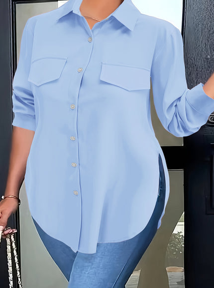 Plus Size Chic Blouse with Flowy Curved Hem - Fashionable Button Front & Classic Collar - Perfect Casual Wear for Spring - Womens Plus Size Clothing