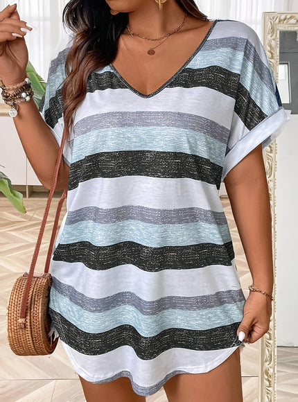 Plus Size, Women's Elegant V-Neck T-Shirt - Stretchy Blouse Top in Teal Blue, Orange & Brown Horizontal Stripes - Polyester/Elastane Blend Shirt for Everyday & Formal Outfits - Machine Washable Women's Clothing, Ladies T Shir