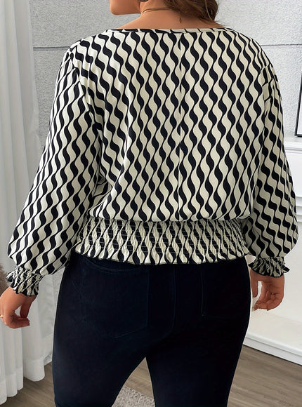 100% Polyester Elegant Plus Size Blouses for Women - Crew Neck Shirred Oversized Woven Print Shirt with Non-Stretch Fabric for All Seasons
