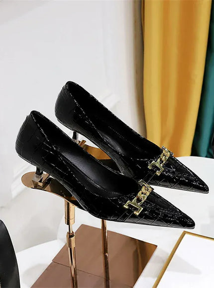 KissICON 237-1 Black / 39 / CHINA Fashion Metal Chain Decoration Women Pumps Shallow Mouth