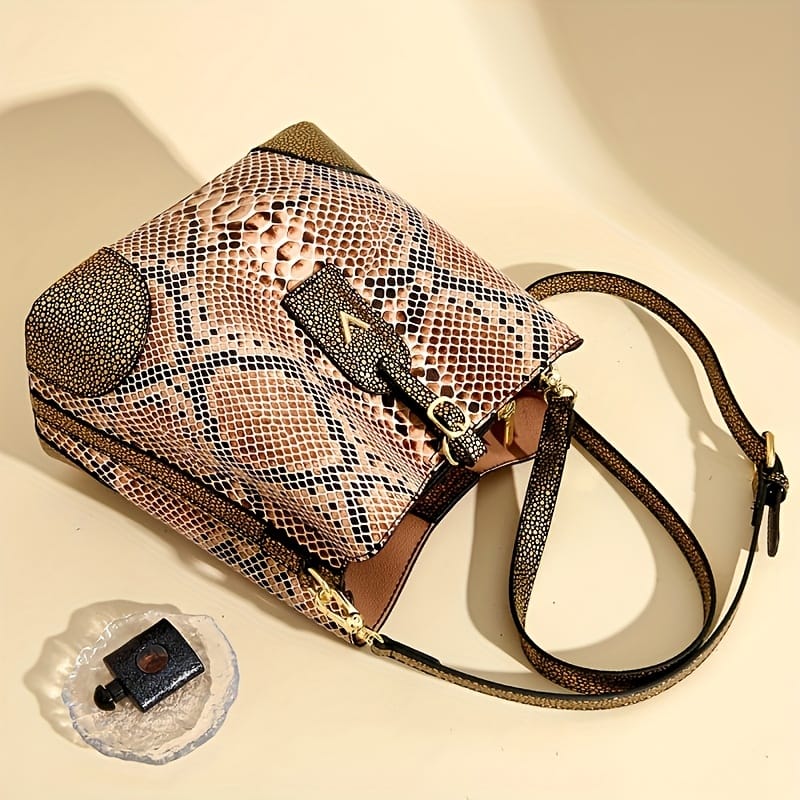 jkthpu-45 23904# Golden Chic Brown Beige Snake Print Shoulder Bag with Metal Clasp