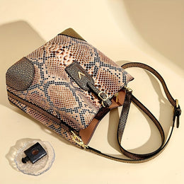 jkthpu-45 23904# Golden Chic Brown Beige Snake Print Shoulder Bag with Metal Clasp