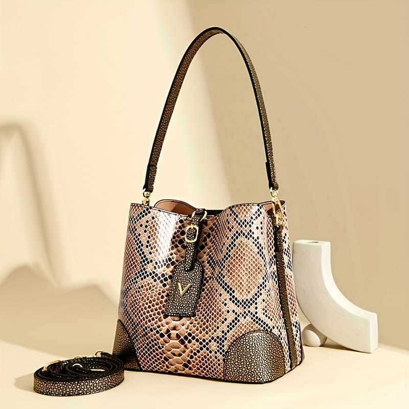 jkthpu-45 23904# Golden Chic Brown Beige Snake Print Shoulder Bag with Metal Clasp