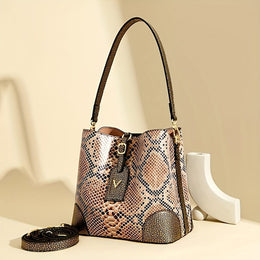 jkthpu-45 23904# Golden Chic Brown Beige Snake Print Shoulder Bag with Metal Clasp